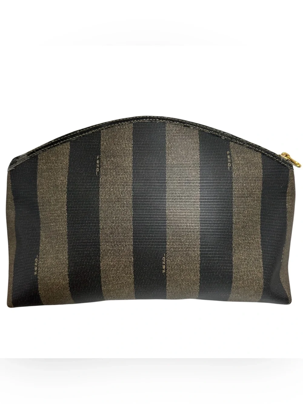 FENDI Black & Tan Pequin Striped Coated Canvas Leather Dome Clutch Pouch